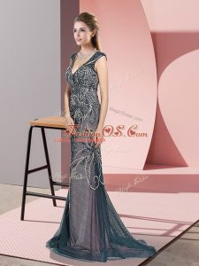 Clearance Teal Sleeveless Beading Zipper Prom Gown