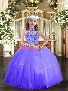 Nice Halter Top Sleeveless Little Girl Pageant Gowns Floor Length Appliques Blue Tulle