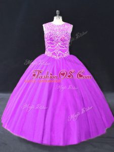 Custom Designed Sleeveless Tulle Floor Length Lace Up 15th Birthday Dress in Purple with Beading