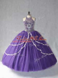 Fantastic Purple Sleeveless Floor Length Beading Lace Up Quinceanera Dress