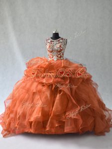 Rust Red Ball Gowns Organza Scoop Sleeveless Beading and Ruffles Lace Up Sweet 16 Quinceanera Dress