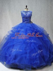 Luxurious Royal Blue Ball Gowns Scoop Sleeveless Tulle Brush Train Lace Up Beading and Ruffles 15 Quinceanera Dress