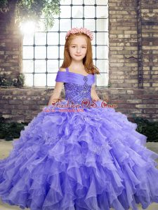 Organza Straps Sleeveless Lace Up Beading and Ruffles Little Girl Pageant Gowns in Lavender