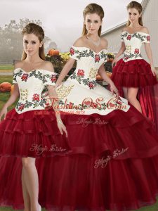 Lace Up Quince Ball Gowns Wine Red for Military Ball and Sweet 16 and Quinceanera with Embroidery and Ruffled Layers Brush Train