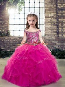 Sleeveless Tulle Floor Length Lace Up Kids Formal Wear in Fuchsia with Beading and Ruffles