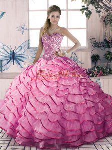 Pink Organza and Tulle Lace Up Sweetheart Sleeveless Floor Length Vestidos de Quinceanera Beading and Ruffles