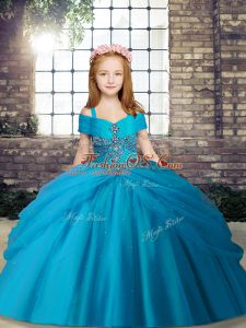 Baby Blue Lace Up Little Girls Pageant Gowns Beading Sleeveless Floor Length