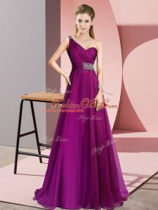 Attractive One Shoulder Sleeveless Brush Train Criss Cross Homecoming Dress Fuchsia Chiffon