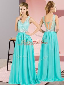 Aqua Blue Sleeveless Chiffon Backless Prom Gown for Prom and Party and Military Ball