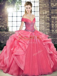 Simple Coral Red Organza Lace Up Sweet 16 Quinceanera Dress Sleeveless Floor Length Beading and Ruffles