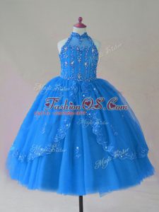 Floor Length Blue Little Girl Pageant Dress High-neck Sleeveless Lace Up