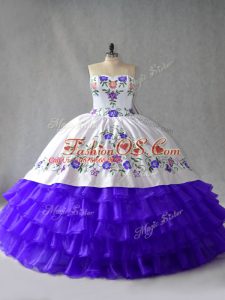Exquisite Sleeveless Organza Floor Length Lace Up 15th Birthday Dress in Blue And White with Embroidery and Ruffled Layers