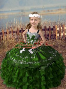 Custom Design Olive Green Sleeveless Embroidery and Ruffled Layers Floor Length Pageant Gowns For Girls