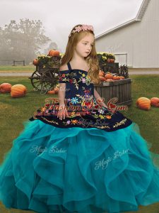 Latest Teal Lace Up Straps Embroidery and Ruffles Little Girl Pageant Dress Tulle Sleeveless