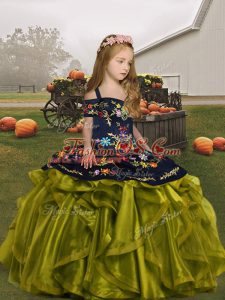 Custom Designed Sleeveless Lace Up Floor Length Embroidery and Ruffles Glitz Pageant Dress