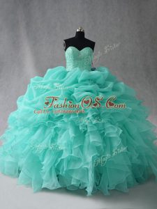 Cheap Aqua Blue Lace Up 15th Birthday Dress Beading and Ruffles and Pick Ups Sleeveless Floor Length