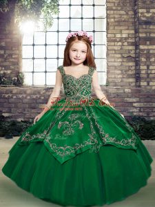 Dark Green Kids Pageant Dress Party and Military Ball and Wedding Party with Beading and Embroidery Straps Sleeveless Lace Up