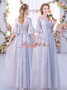 Floor Length Side Zipper Quinceanera Court Dresses Grey for Wedding Party with Lace and Belt
