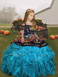 Floor Length Lace Up Little Girls Pageant Gowns Aqua Blue for Party and Wedding Party with Embroidery and Ruffles