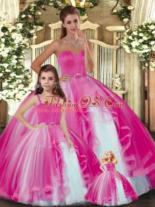 Hot Pink Ball Gowns Tulle Sweetheart Sleeveless Ruffles Floor Length Lace Up Quinceanera Gown