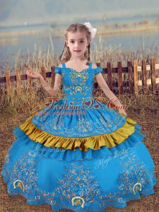 Baby Blue Pageant Dress for Teens Wedding Party with Beading and Embroidery Off The Shoulder Sleeveless Lace Up