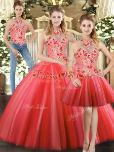 Red Sleeveless Tulle Lace Up Quinceanera Dress for Sweet 16 and Quinceanera
