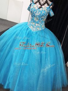Affordable Baby Blue Ball Gowns Straps Sleeveless Tulle Floor Length Lace Up Beading Sweet 16 Dress
