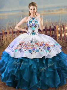 Fantastic Blue And White Sleeveless Floor Length Embroidery Lace Up Quinceanera Gown