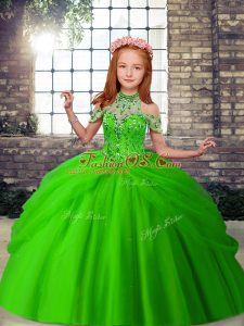 Ball Gowns Little Girl Pageant Gowns Green Halter Top Tulle Sleeveless Floor Length Lace Up