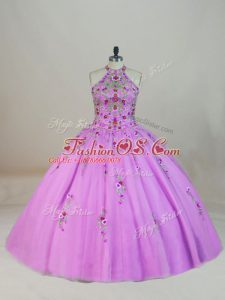 New Style Tulle Sleeveless Ball Gown Prom Dress Brush Train and Appliques and Embroidery