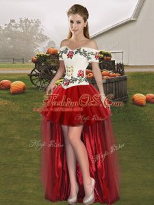 Clearance Off The Shoulder Sleeveless Lace Up Dress for Prom Wine Red Tulle