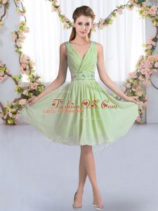 Chic Empire Bridesmaid Gown Yellow Green V-neck Chiffon Sleeveless Knee Length Zipper