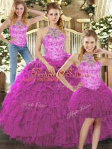 Hot Selling Halter Top Sleeveless Lace Up Quinceanera Gowns Fuchsia Organza