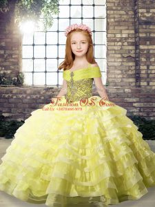 Yellow Girls Pageant Dresses Straps Sleeveless Brush Train Lace Up