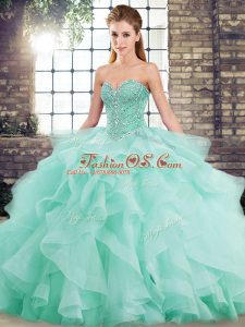 Tulle Sleeveless Sweet 16 Quinceanera Dress Brush Train and Beading and Ruffles