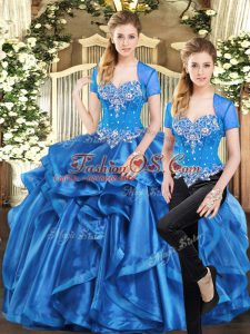 Superior Blue Two Pieces Beading and Ruffles Ball Gown Prom Dress Lace Up Organza Sleeveless Floor Length