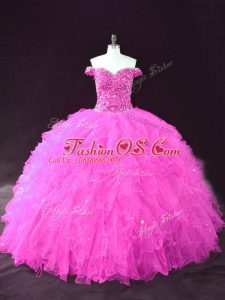 Charming Ball Gowns 15th Birthday Dress Fuchsia Off The Shoulder Tulle Sleeveless Floor Length Lace Up