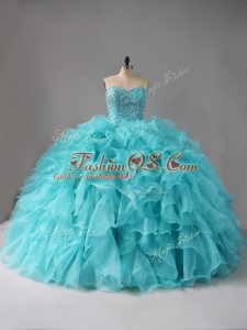 Low Price Aqua Blue Organza Lace Up Sweetheart Sleeveless Sweet 16 Dress Beading and Ruffles