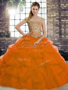 Top Selling Rust Red Tulle Lace Up Off The Shoulder Sleeveless Quinceanera Gowns Brush Train Beading and Pick Ups