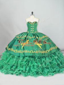 Best Green Sweetheart Lace Up Embroidery and Ruffled Layers Quinceanera Dress Brush Train Sleeveless