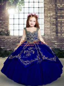 Royal Blue Ball Gowns Straps Sleeveless Tulle Floor Length Lace Up Beading and Embroidery Little Girls Pageant Dress