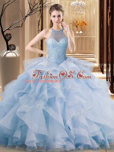 Deluxe Blue Sleeveless Beading and Ruffles Lace Up Sweet 16 Quinceanera Dress