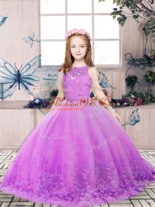 High End Sleeveless Floor Length Lace and Appliques Backless Little Girl Pageant Dress with Lilac