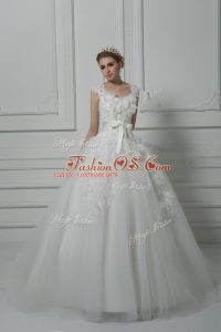 White Sleeveless Brush Train Lace and Appliques and Belt and Hand Made Flower Wedding Dresses