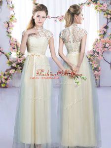 Trendy Champagne High-neck Zipper Lace and Bowknot Quinceanera Court of Honor Dress Cap Sleeves