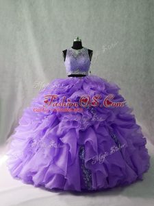 Lavender Ball Gowns Beading and Ruffles Ball Gown Prom Dress Zipper Organza and Sequined Sleeveless Floor Length