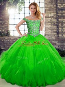 Green Quinceanera Dress Military Ball and Sweet 16 and Quinceanera with Beading and Ruffles Off The Shoulder Sleeveless Lace Up