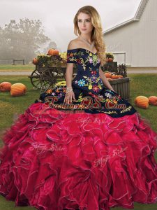 Decent Off The Shoulder Sleeveless Lace Up Quinceanera Dress Red And Black Organza