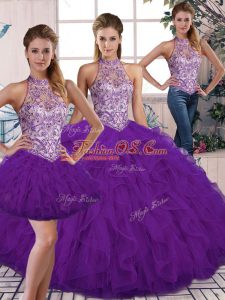 Purple Sleeveless Floor Length Beading and Ruffles Lace Up Quince Ball Gowns