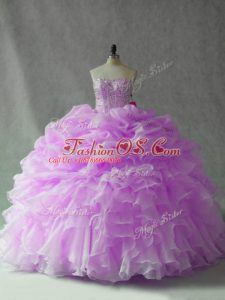 Elegant Lilac Lace Up Strapless Beading and Ruffles and Pick Ups Quinceanera Dress Organza Sleeveless Brush Train